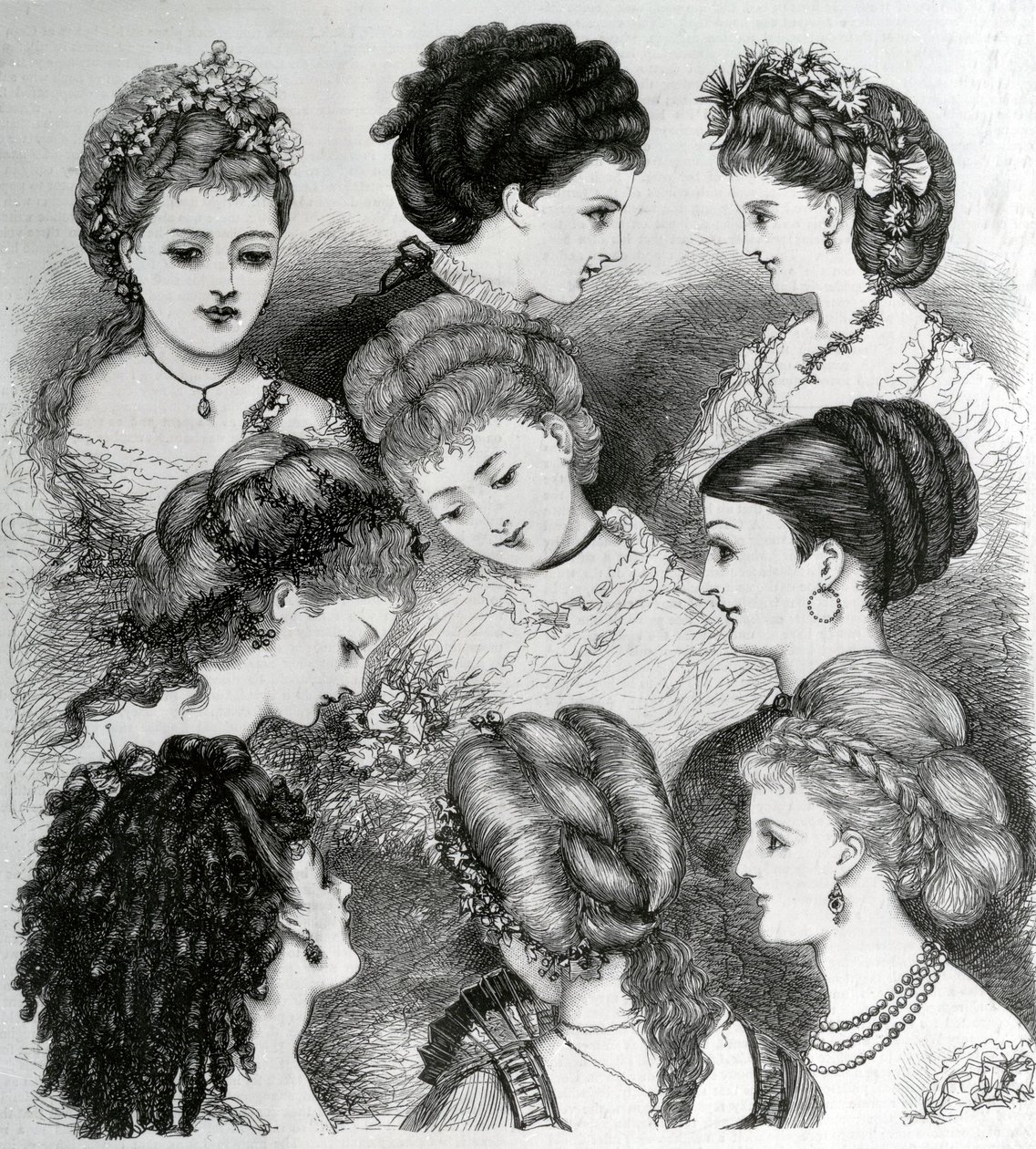 Obecne mody we włosach, 1870 r autorstwa English School