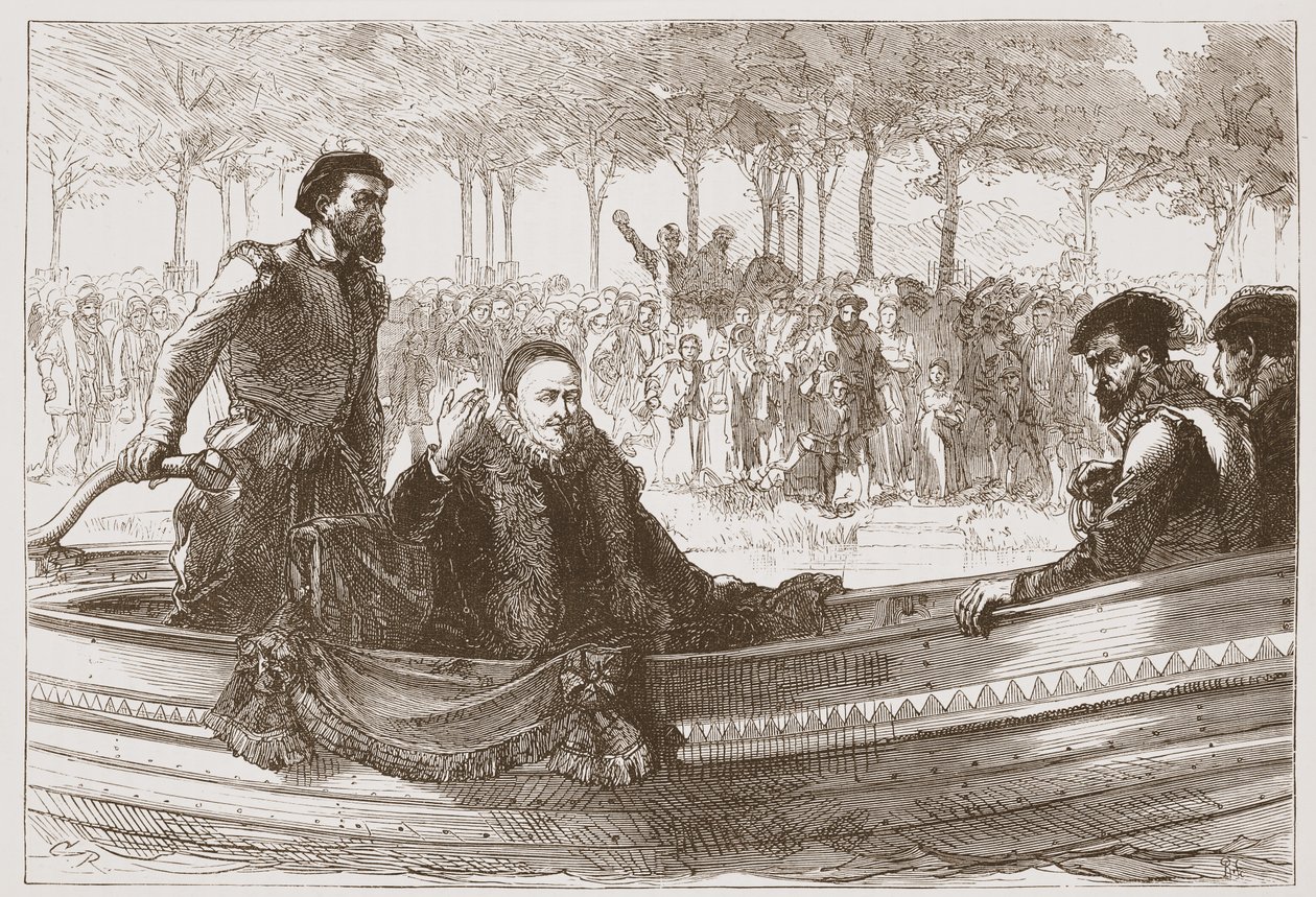 Książę Orański na swojej barce w drodze do Brukseli, ilustracja z Historii protestantyzmu Jamesa Aitkena Wylie (1808-1890), wyd. 1878 autorstwa English School