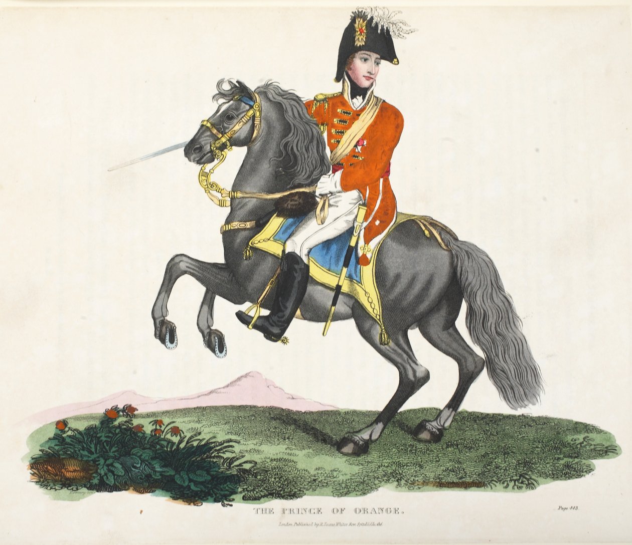 Książę Orange, wyd. Richard Evans, inż Romney, ilustracja z Historycznego sprawozdania z bitwy pod Waterloo autorstwa Williama Mudforda, 1816 autorstwa English School