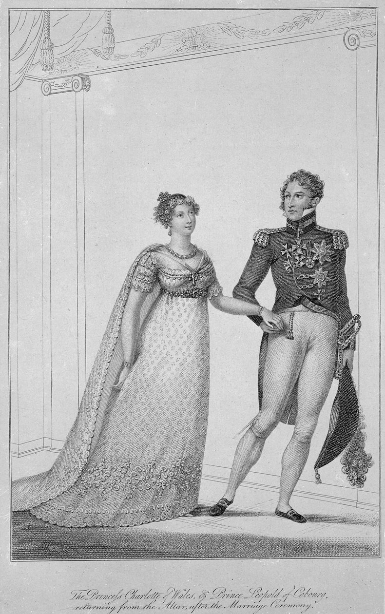 Księżniczka Charlotte z Walii i książę Leopold z Cobourg powracający z ołtarza po ceremonii zaślubin, 1816 autorstwa English School