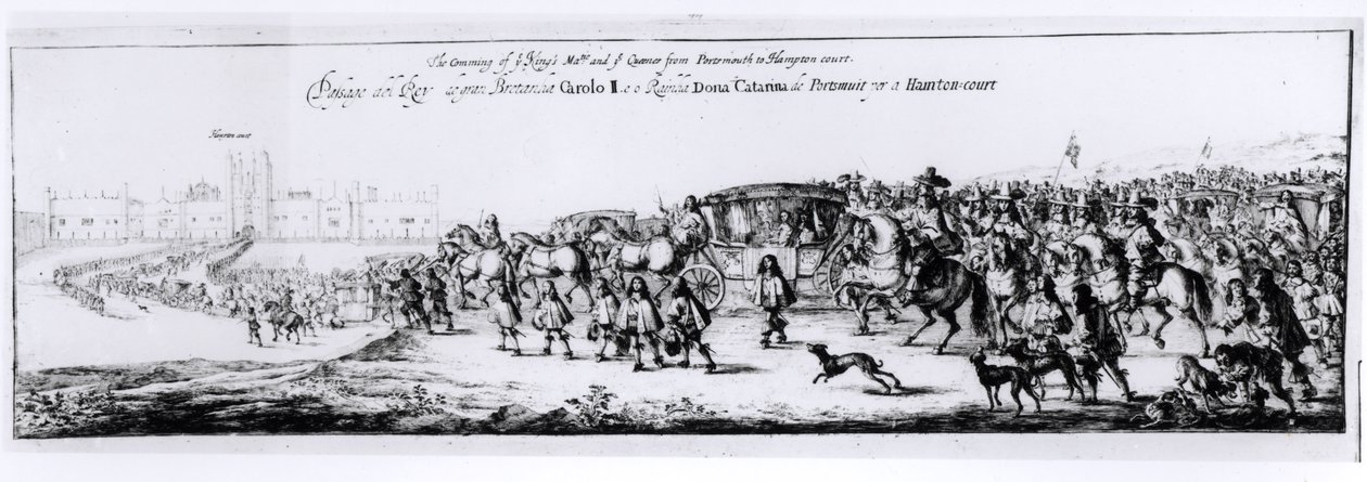 Procesja Karola II (1630-85) i jego nowej królowej Katarzyny Braganzy (1638-1705) z Portsmouth do Hampton Court, 1662 autorstwa English School
