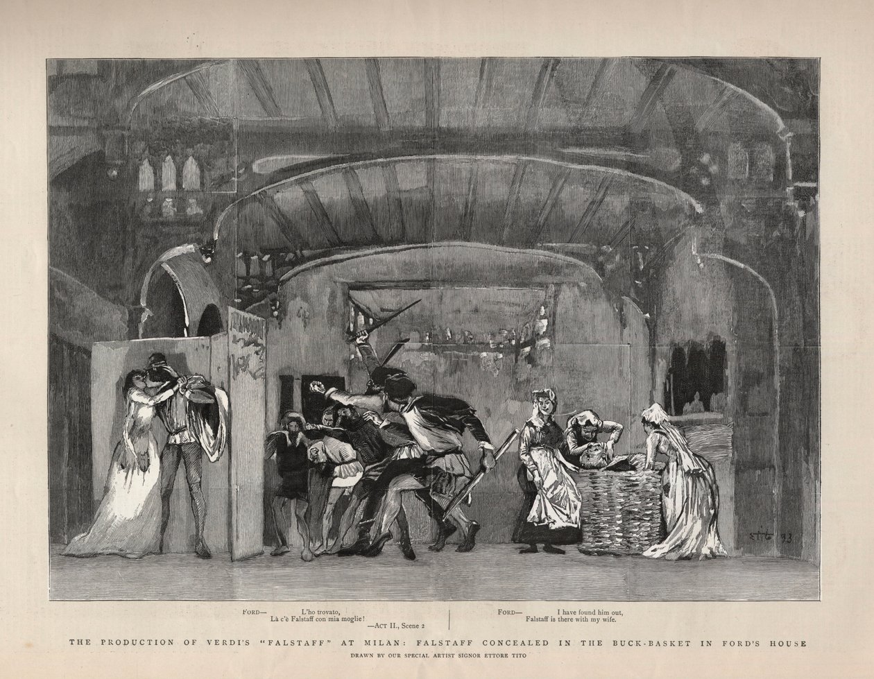 Produkcja „Falstaffa” Giuseppe Verdiego w Mediolanie, Falstaff ukryty w Koszu Buck w Domu Forda. Ilustracja do grafiki autorstwa English School