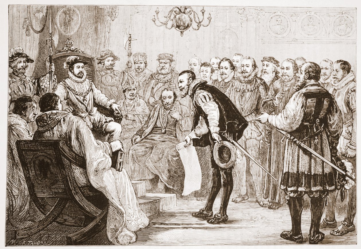 Książęta protestanccy przedstawiający swoje spowiedź Karolowi, ilustracja z Historii protestantyzmu Jamesa Aitkena Wylie (1808-1890), wyd. 1878 autorstwa English School
