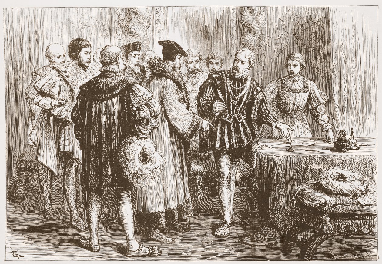 Książęta protestanccy podpisujący spowiedź, ilustracja z Historii protestantyzmu Jamesa Aitkena Wylie (1808-1890), wyd. 1878 autorstwa English School