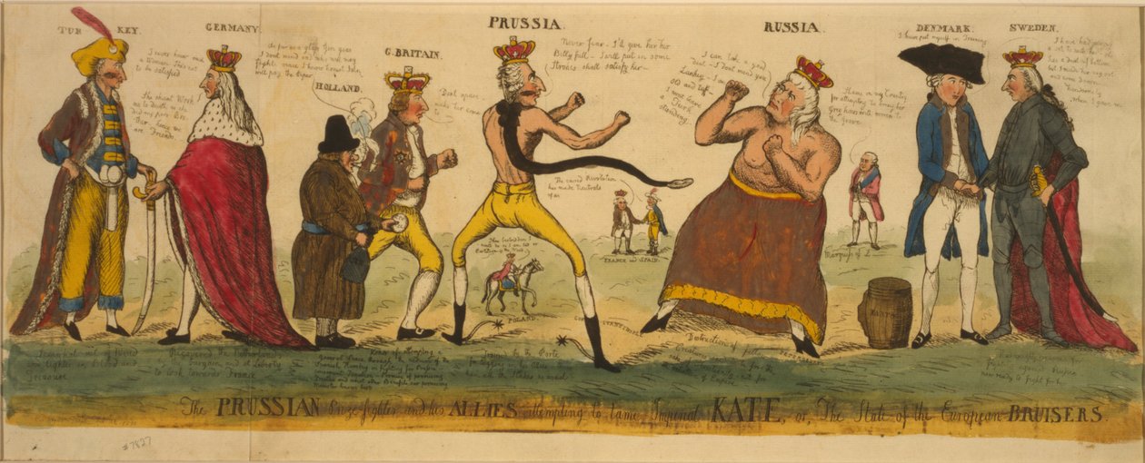 Pruski bokser i jego sprzymierzeńcy próbujący oswoić cesarską Kate, czyli stan europejskich bursierów, 1791 (akwaforta ręcznie kolorowana) autorstwa English School