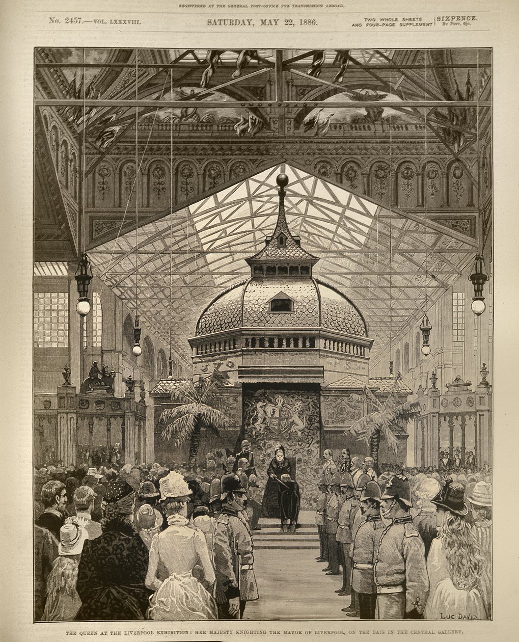 Królowa na wystawie w Liverpoolu: Her Majesty Knighting burmistrza Liverpoolu na podium w Galerii Centralnej, z The Illustrated London News, 22 maja 1886 autorstwa English School