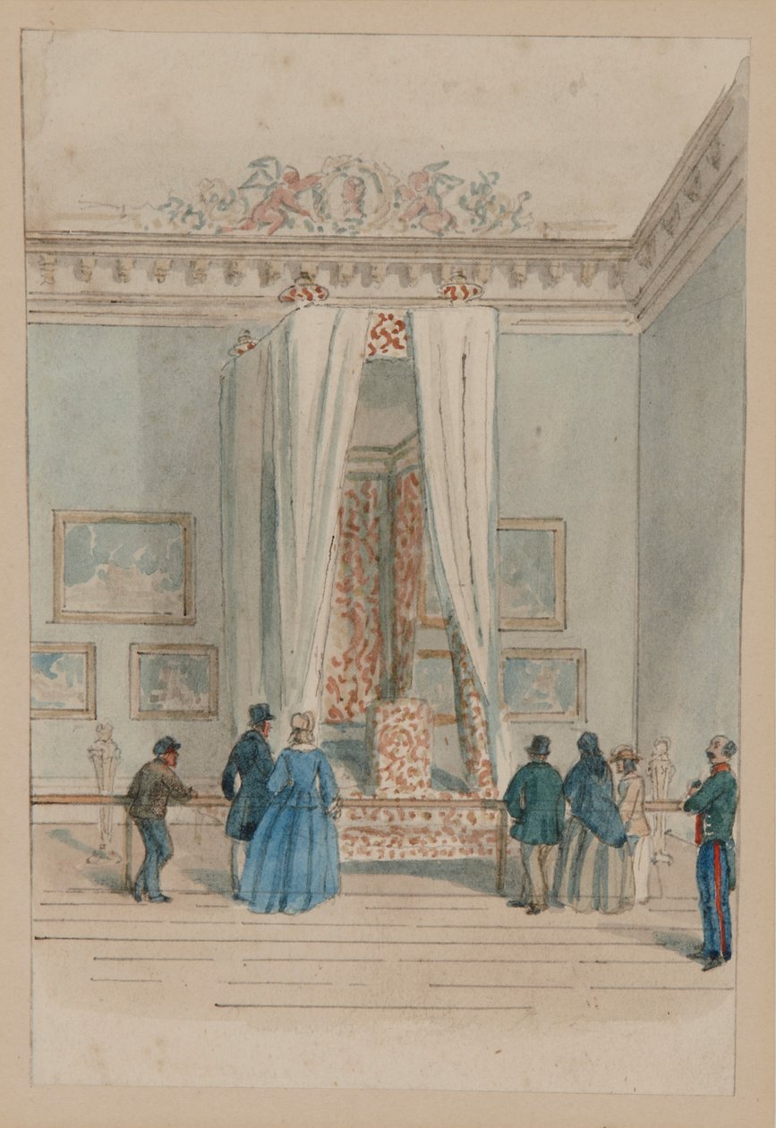 Sypialnia królowej z państwowym łóżkiem królowej Anny, ok. 1860-70 (akwarela na papierze) autorstwa English School