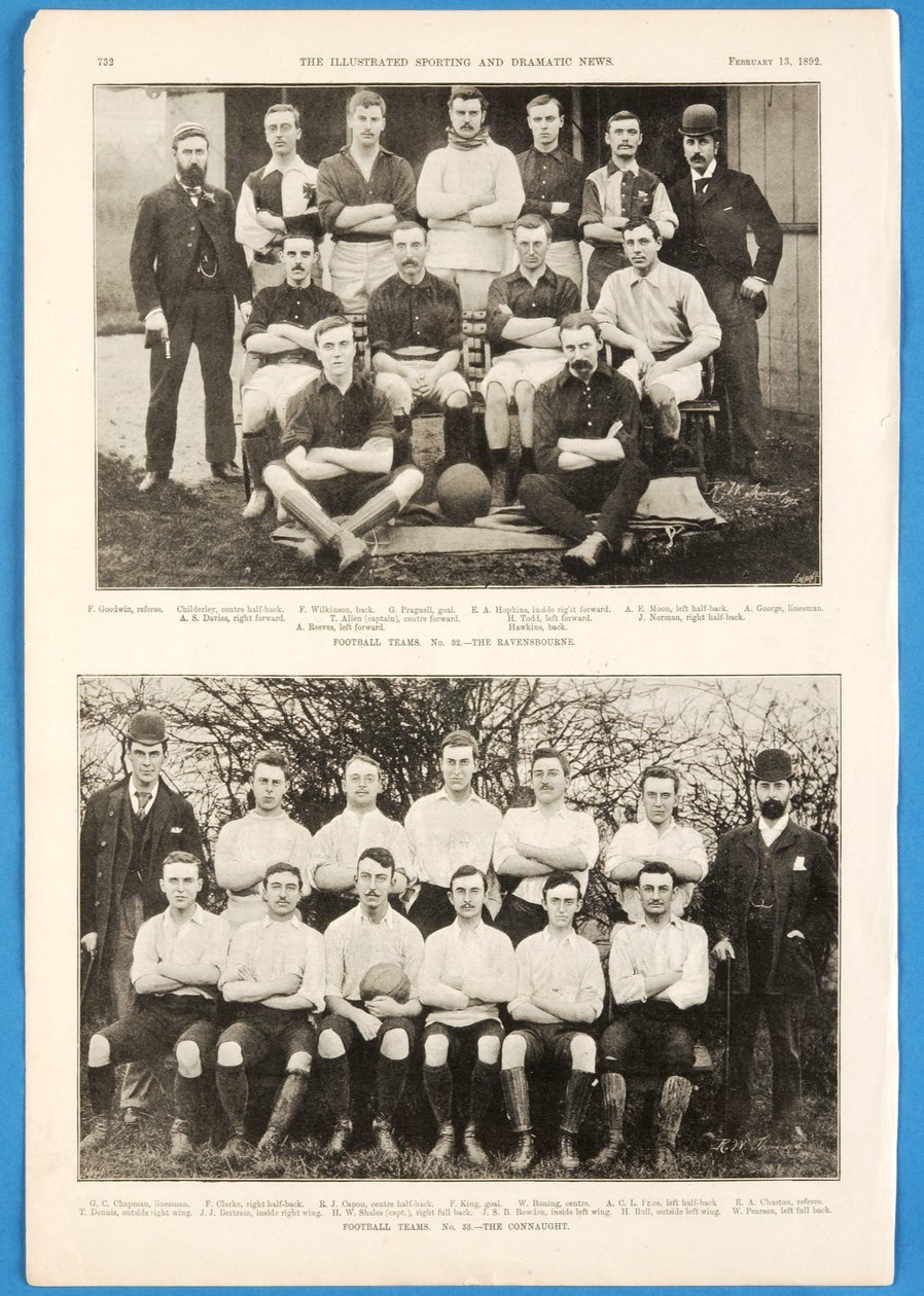 Ravensbourne i The Connaught, drużyny piłkarskie przedstawione w The Illustrated Sporting and Dramatic News, 13 lutego 1892 autorstwa English School