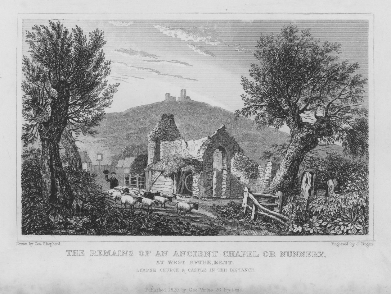 Pozostałości starożytnej kaplicy lub klasztoru w West Hythe, Kent (rycina) autorstwa English School