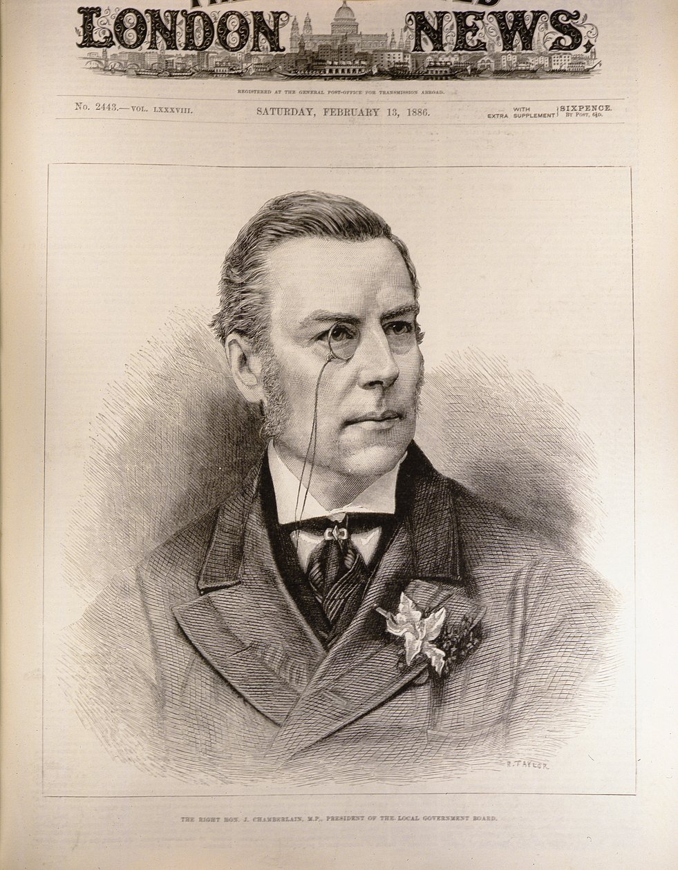 The Right Hon. Joseph Chamberlain (1836-1914), M.P., President of the Local Government Board, z "The Illustrated London News", 13 lutego 1886 r. autorstwa English School