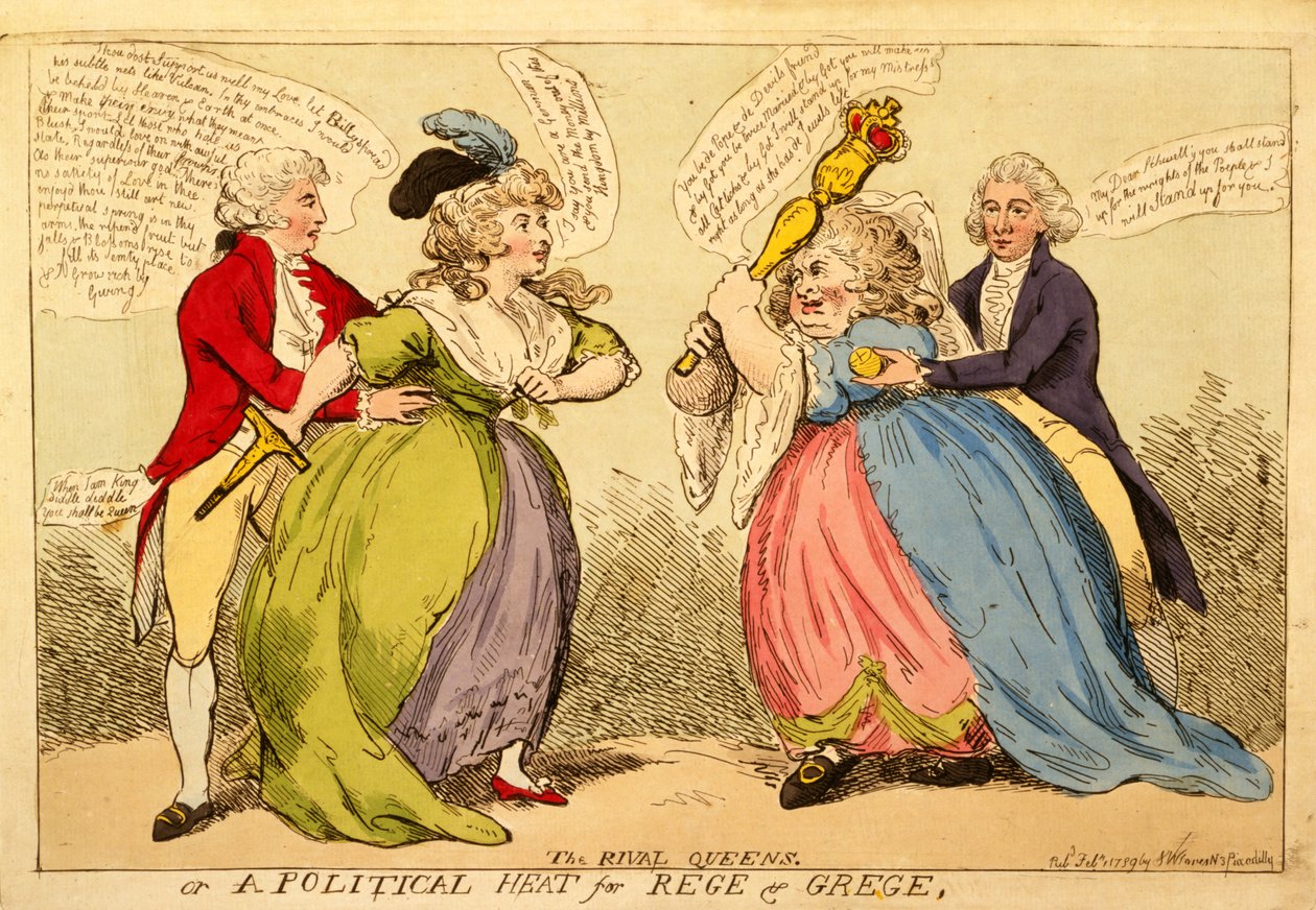 Konkurencyjne królowe lub polityczna gorączka dla Rege and Grege, 1789 (ręcznie barwiony grawerunek) autorstwa English School