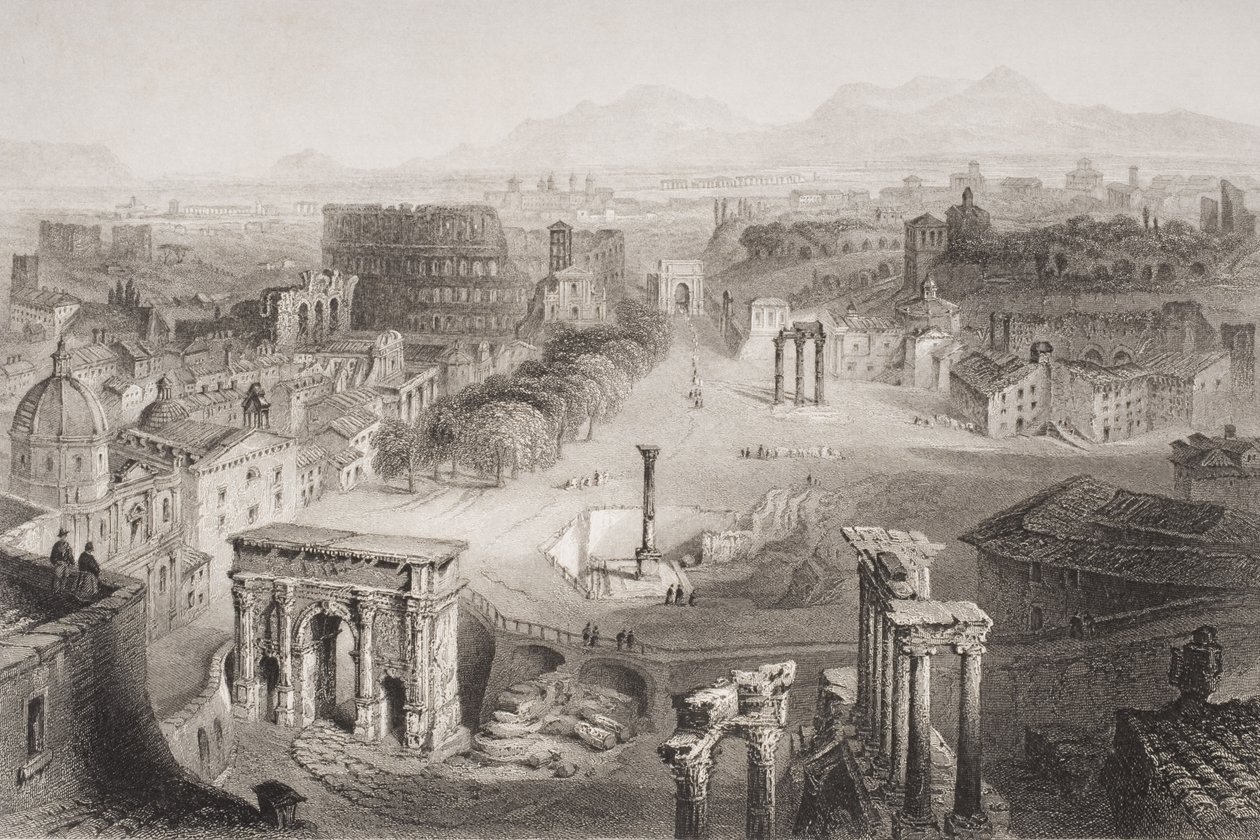 Forum Romanum ze Wzgórza Kapitolińskiego w Rzymie, rycina A. Willmore autorstwa English School