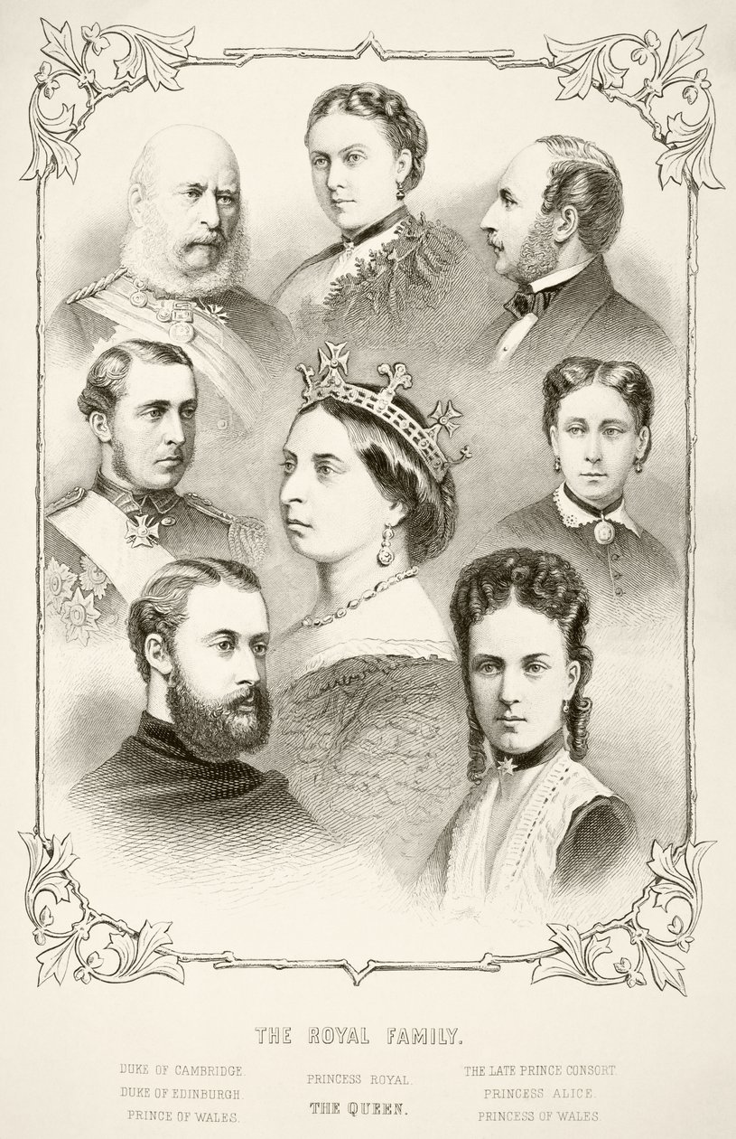 Rodzina królewska królowej Wiktorii, z książki „The National and Domestic History of England” Williama Hickmana Smitha Aubreya (1858-1916) opublikowanej w Londynie ok. 1890 r. autorstwa English School