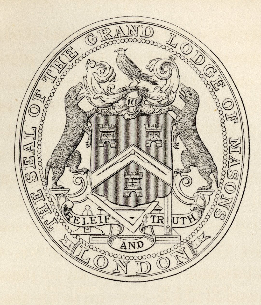 Didžiosios masonų ložės antspaudas, Londonas, iki 1813 m., „The History of Freemasonry, II tomas“, išleistas Thomas C. Jack, Londonas, 1883 m. autorstwa English School