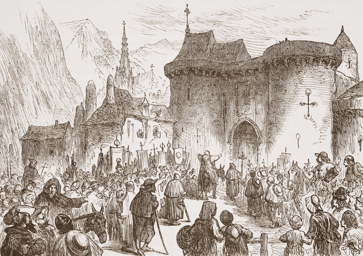 Pozorni pielgrzymi przy Bramie Genewskiej, ilustracja z Historii protestantyzmu Jamesa Aitkena Wylie (1808-1890), wyd. 1878 autorstwa English School