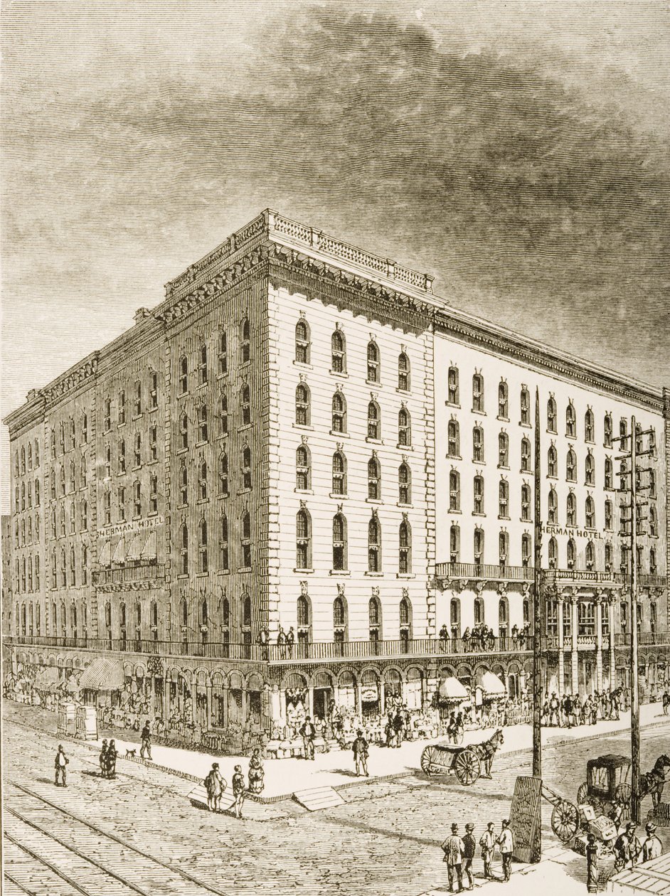 The Sherman Hotel, Chicago, ok. 1870, z „American Pictures” wydanego przez religijne Towarzystwo Traktu, 1876 autorstwa English School