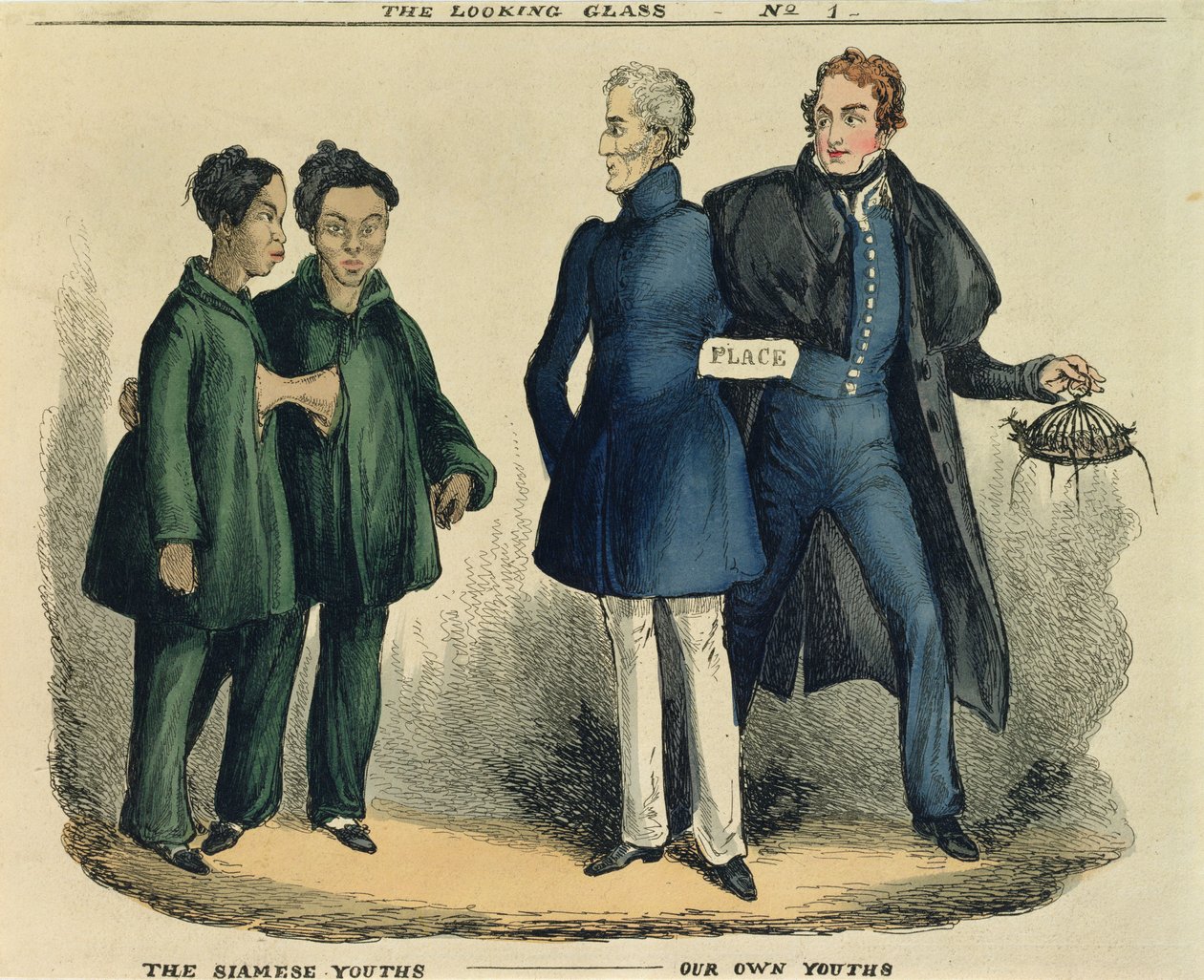 The Siamese Youths - Our Own Youths, satyryczny rysunek z The Looking Glass, ok. 1829 (kolorowa akwaforta) autorstwa English School