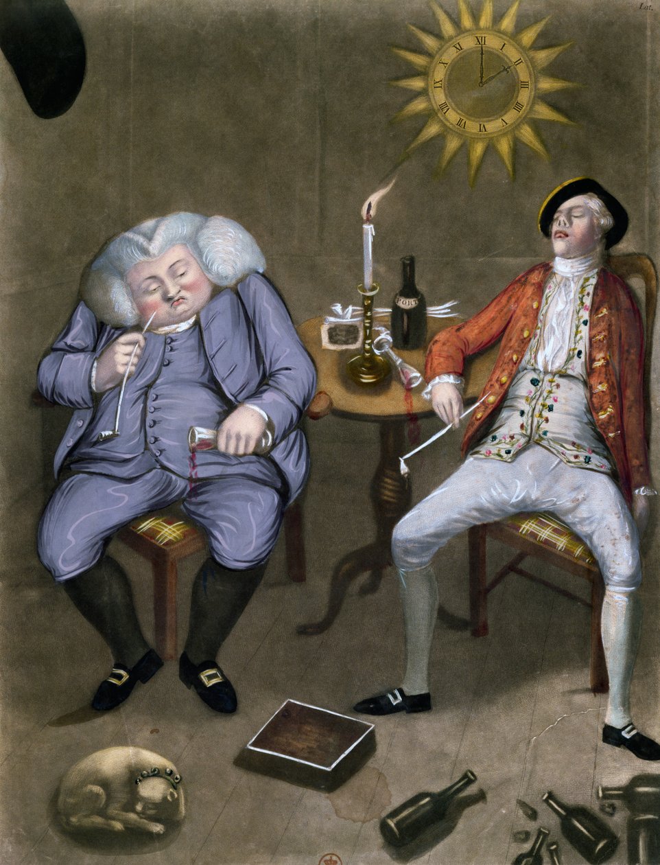 Solidna przyjemność z butelki i przyjaciela, 1774 (kolor lito wzmocniony gwaszem) autorstwa English School