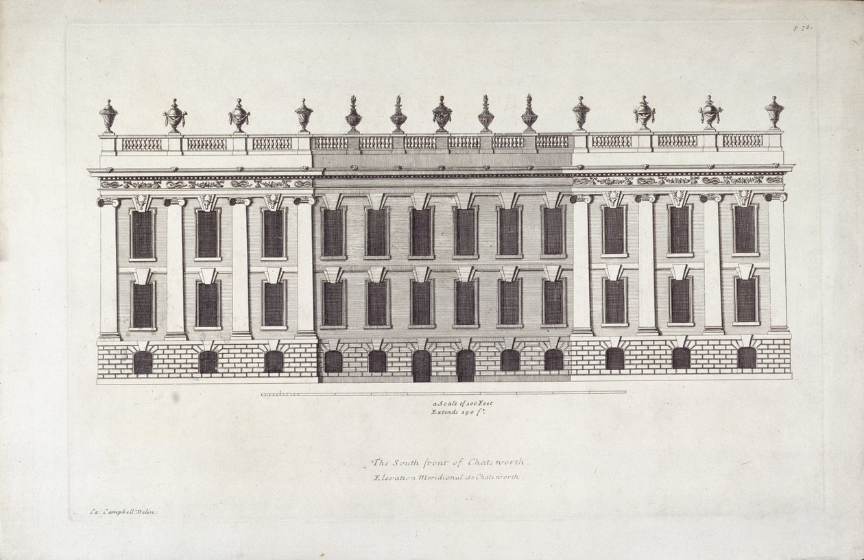„Front południowy Chatsworth”, ilustracja z „Vitruvius Britannicus or The British Architect” autorstwa Colena Campbella (rycina) autorstwa English School