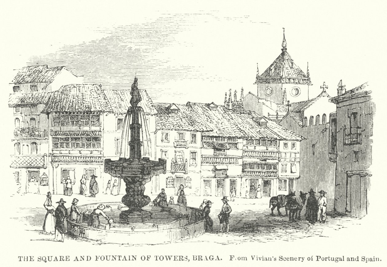 Plac i fontanna z wieżami, Braga (rycina) autorstwa English School