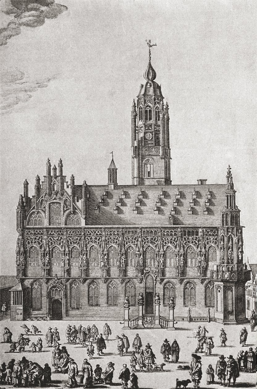 Stadhuis, Middelburg, tak jak w XVI wieku, z „Krótkiej historii narodu angielskiego” J. R. Greena, opublikowanej w 1893 r. autorstwa English School