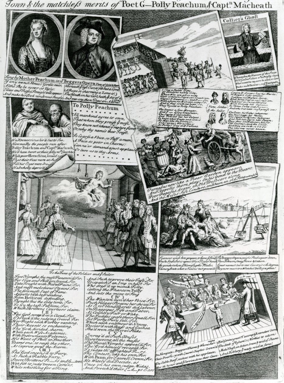 Stage Medley reprezentujący uprzejmy gust miasta i niezrównane zasługi poety G., Polly Peachum i Captain Macheatha, ok. 1728 autorstwa English School