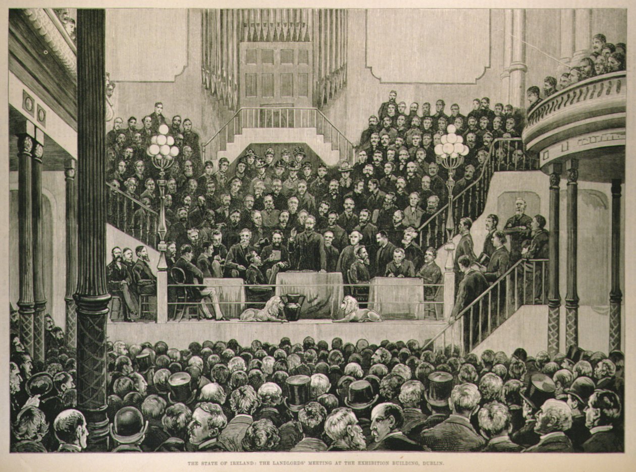 Stan Irlandii: The Landlords Meeting at the Exhibition Building, Dublin, z The Illustrated London News, 14 stycznia 1882 r. autorstwa English School
