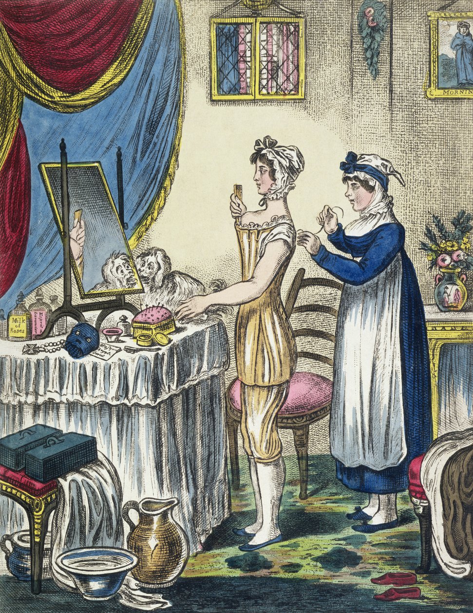 The Stays, płyta 1 z The Progress of the Toilet, c.1810 autorstwa English School