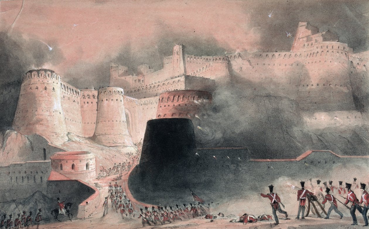 Szturm na Bramę Kabulu w 1839 (toaleta i ołówek na papierze) autorstwa English School