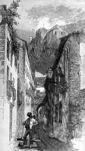 The Street Beneath the Alcazar, Malaga, Hiszpania, z "The Picturesque Mediterranean", Tom 3, opublikowane przez Cassell and Co. Ltd. autorstwa English School