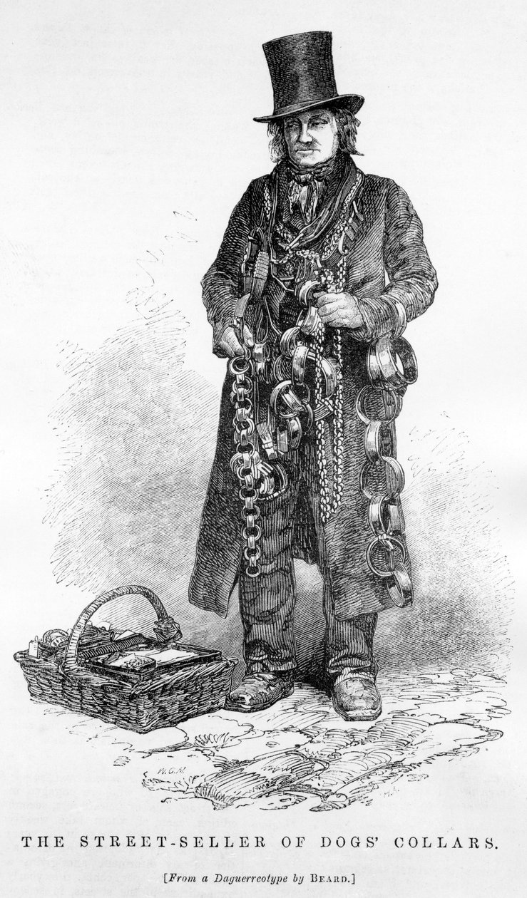 Uliczny sprzedawca obroży dla psów, ok. 1840 r autorstwa English School