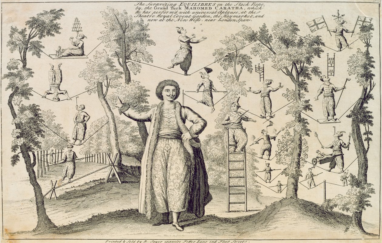 Zaskakujące ekwilibry na luźnej linie Wielkiego Turka, Mahomeda Carathy, wydrukowane przez Roberta Sayera (fl.1750-80) autorstwa English School