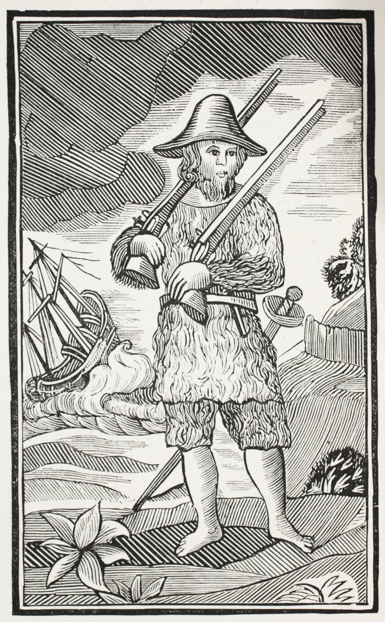 Zaskakujące życie i najdziwniejsze przygody Robinsona Crusoe z miasta York, Mariner, ilustracja z książki Chap-books of the Eighteenth Century Johna Ashtona, wyd. 1882 autorstwa English School
