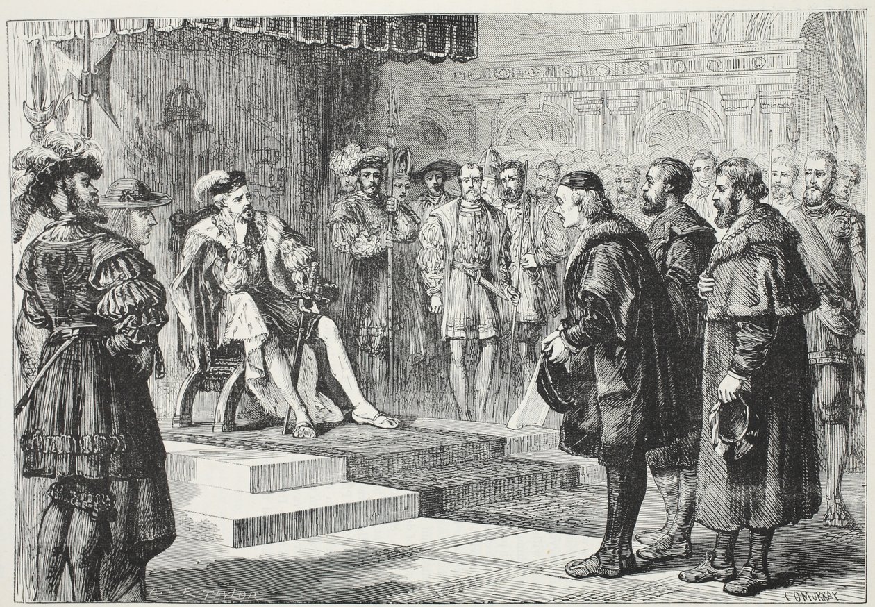 Trzej ambasadorowie protestanccy przed cesarzem Karolem, ilustracja z Historii protestantyzmu Jamesa Aitkena Wylie (1808-1890), wyd. 1878 autorstwa English School