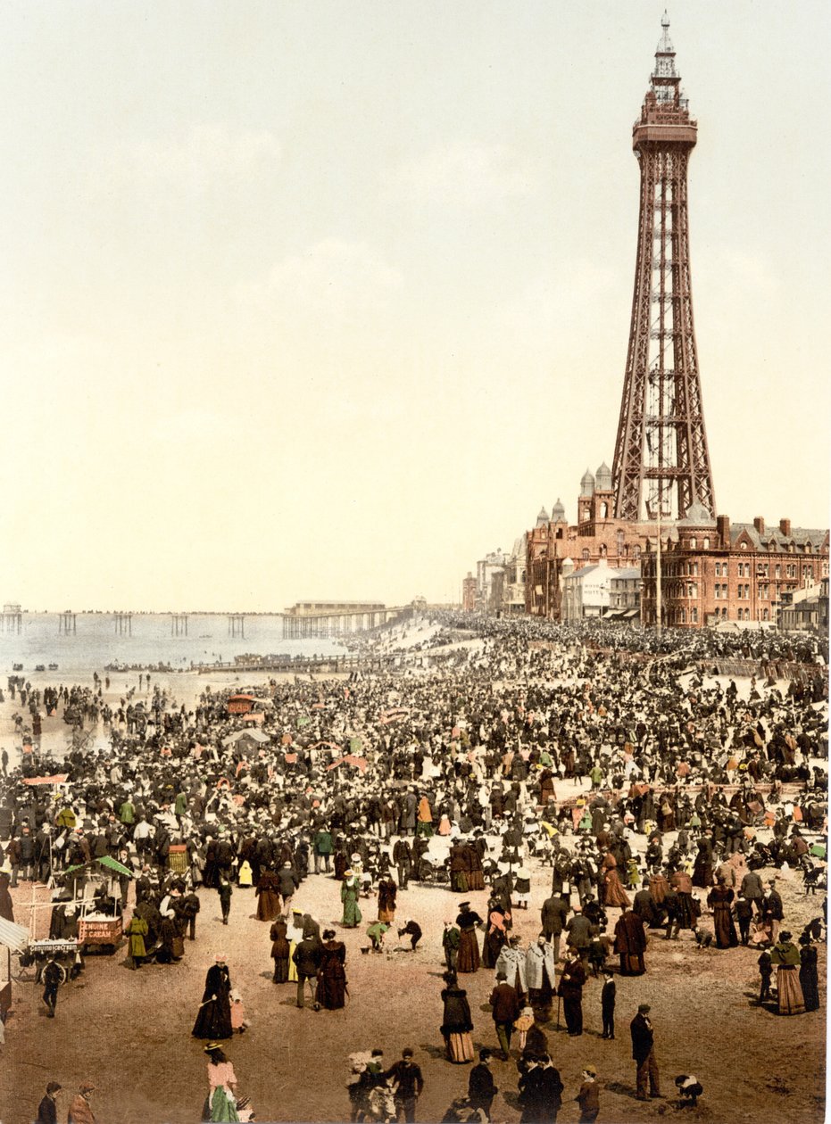 Wieża i plaża, Blackpool (zdjęcie ręcznie kolorowane) autorstwa English School