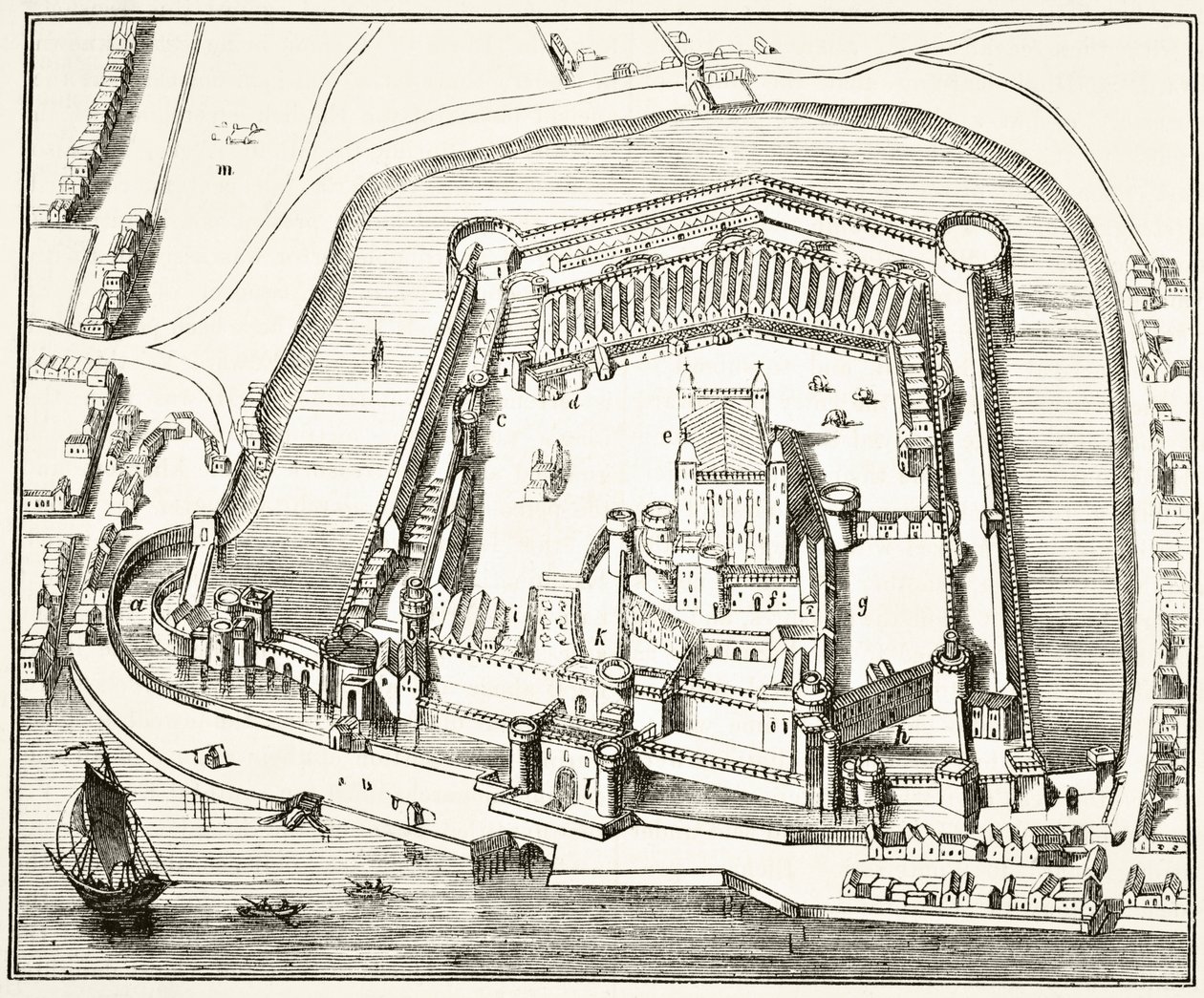 Tower of London w XV wieku, z „The National and Domestic History of England” Williama Hickmana Smitha Aubreya (1858-1916) opublikowanej w Londynie ok. 1890 r. autorstwa English School