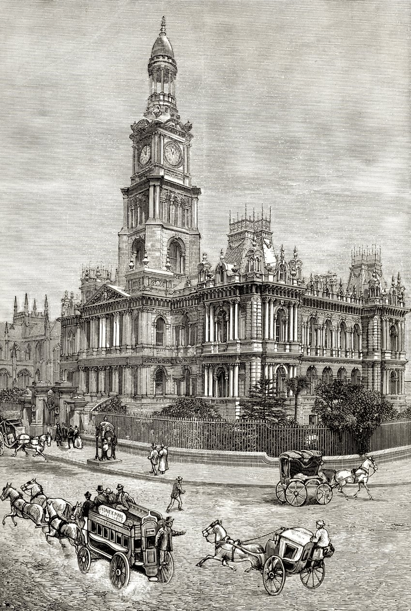 The Town Hall, Sydney, ok.1880, z „Australian Pictures” Howarda Willoughby’ego, opublikowane przez religijne Towarzystwo Traktowe, Londyn, 1886 autorstwa English School