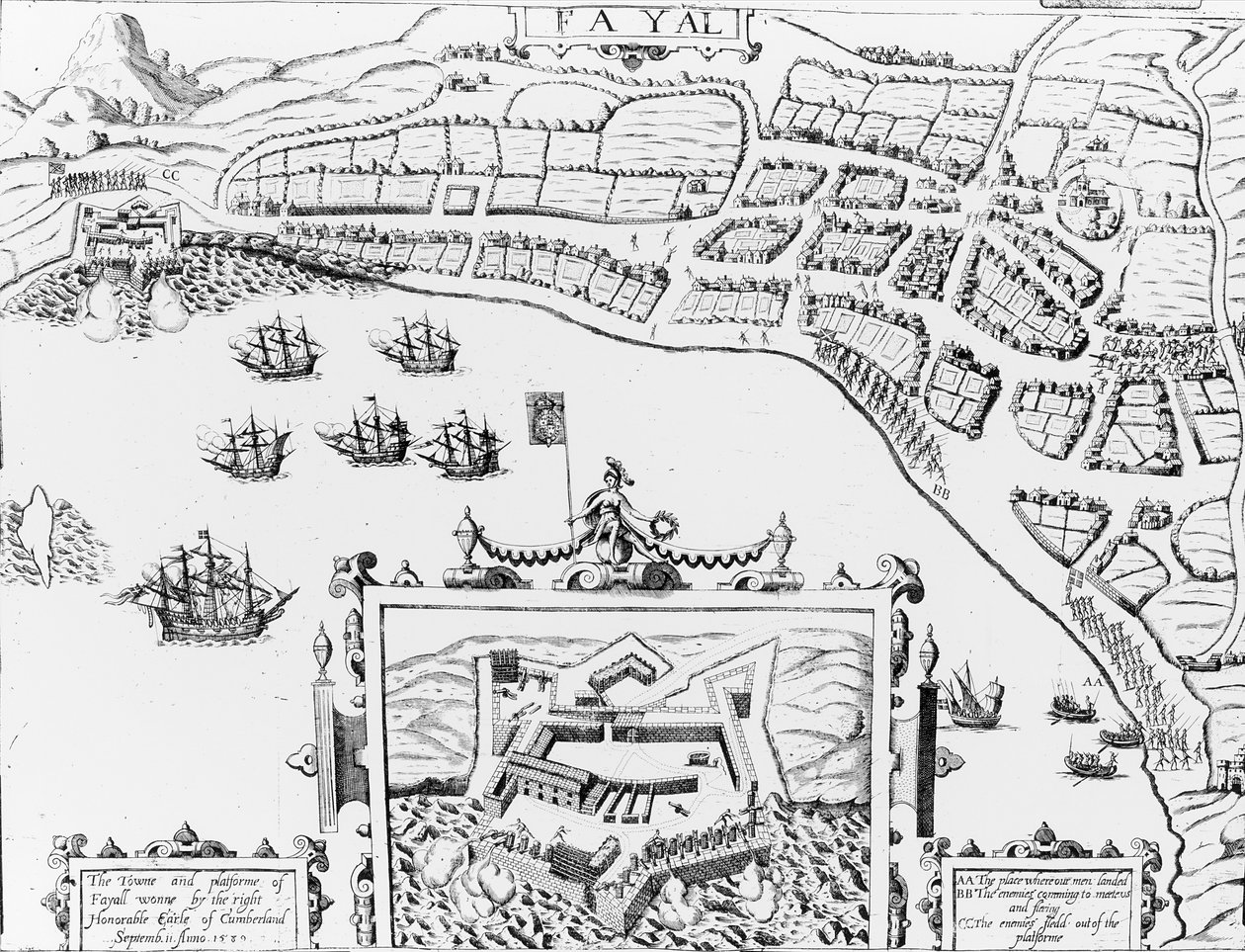 Towne and Platforme of Fayall wygrane przez prawego czcigodnego hrabiego Cumberland, 2 września 1589 autorstwa English School