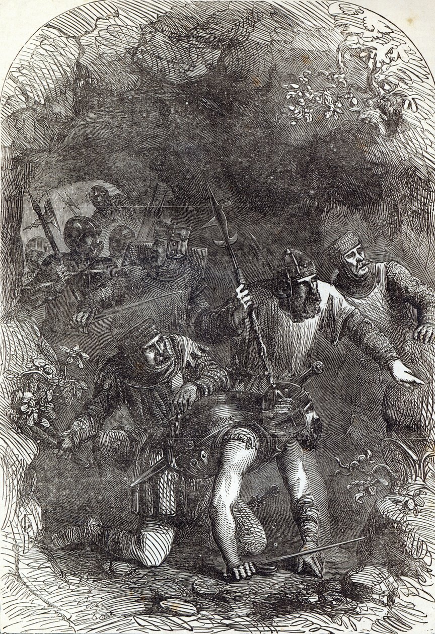 Oddziały Lorda Montacute w podziemnym przejściu, ilustracja z „Ilustrowanej historii Anglii Cassella” autorstwa English School