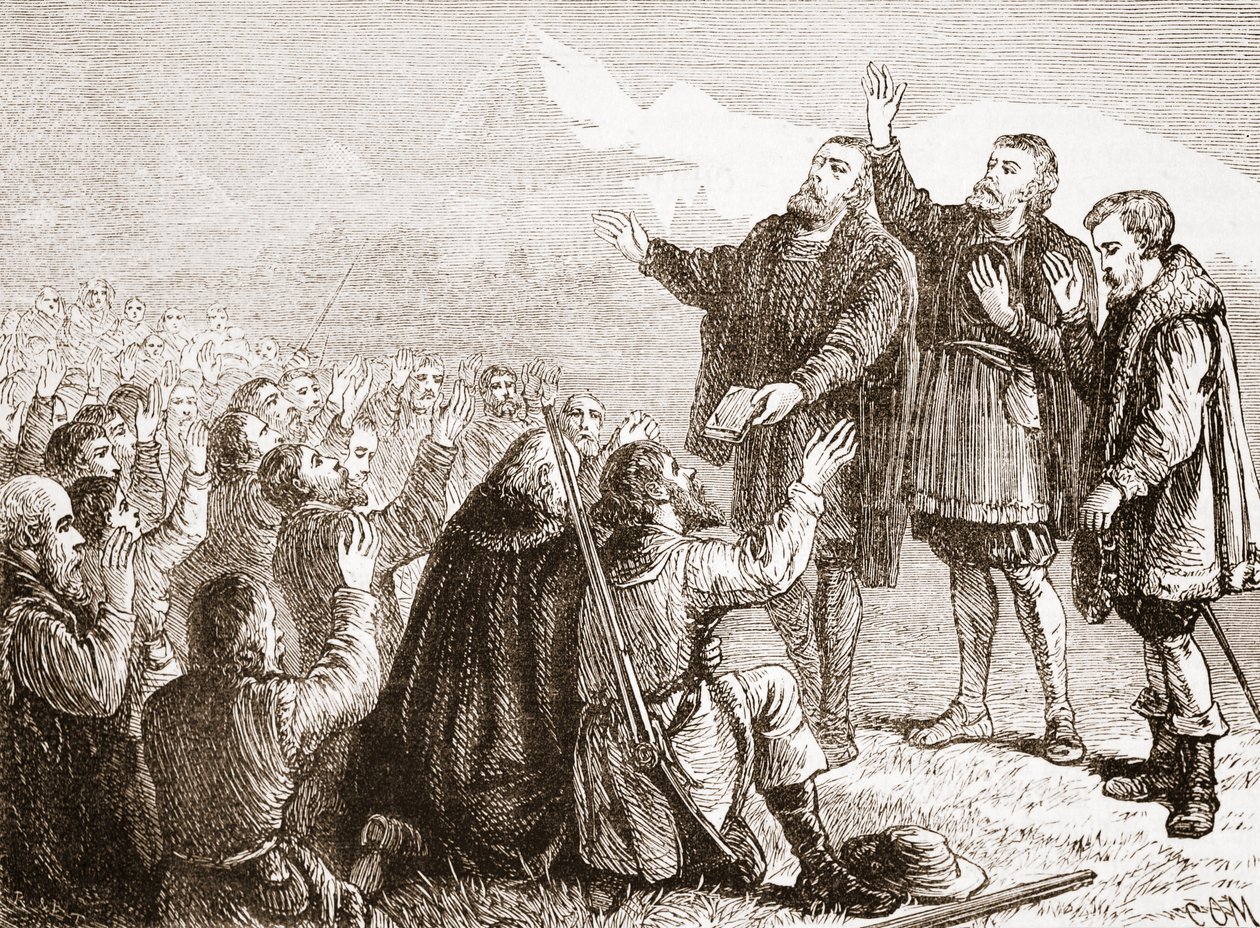 Vaudoi składają przysięgę, ilustracja z Historii protestantyzmu Jamesa Aitkena Wylie (1808-1890), wyd. 1878 autorstwa English School