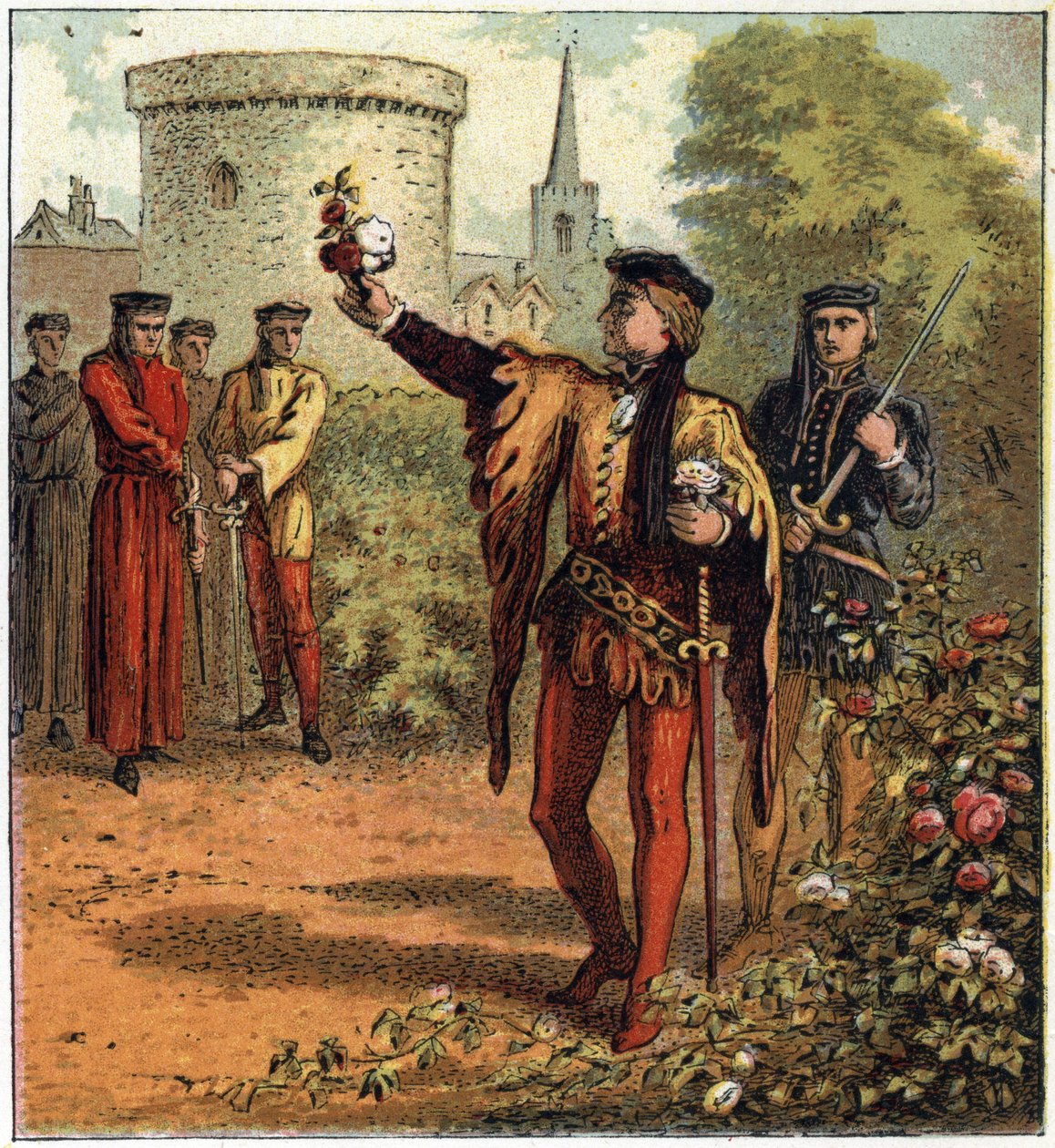 Wojna Dwóch Róż (1455-1485): początek konfliktu. Jeden Lord of the Royal House of York wybiera białą różę, a inny z Royal House of Lancaster wybiera czerwoną różę. Ilustracja angielskiej wojny domowej zrodzonej przez podział su autorstwa English School