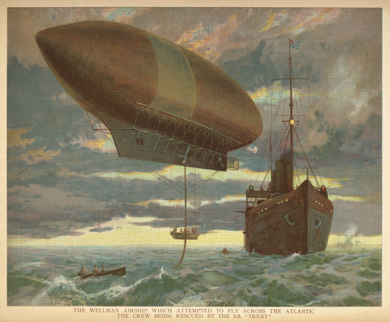 „Sterowiec Wellman, który próbował przelecieć przez Atlantyk, załogę ratuje SS „Trent”. Londyn: Ernest Nister, [1912] autorstwa English School