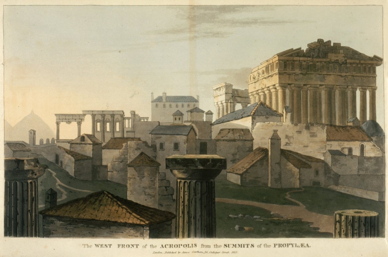 Front zachodni Akropolu ze szczytów Propylei, ilustracja z „Podróży przez Albanię i inne prowincje… do Konstantynopola w latach 1809-1810” J.C. Hobhouse’a autorstwa English School