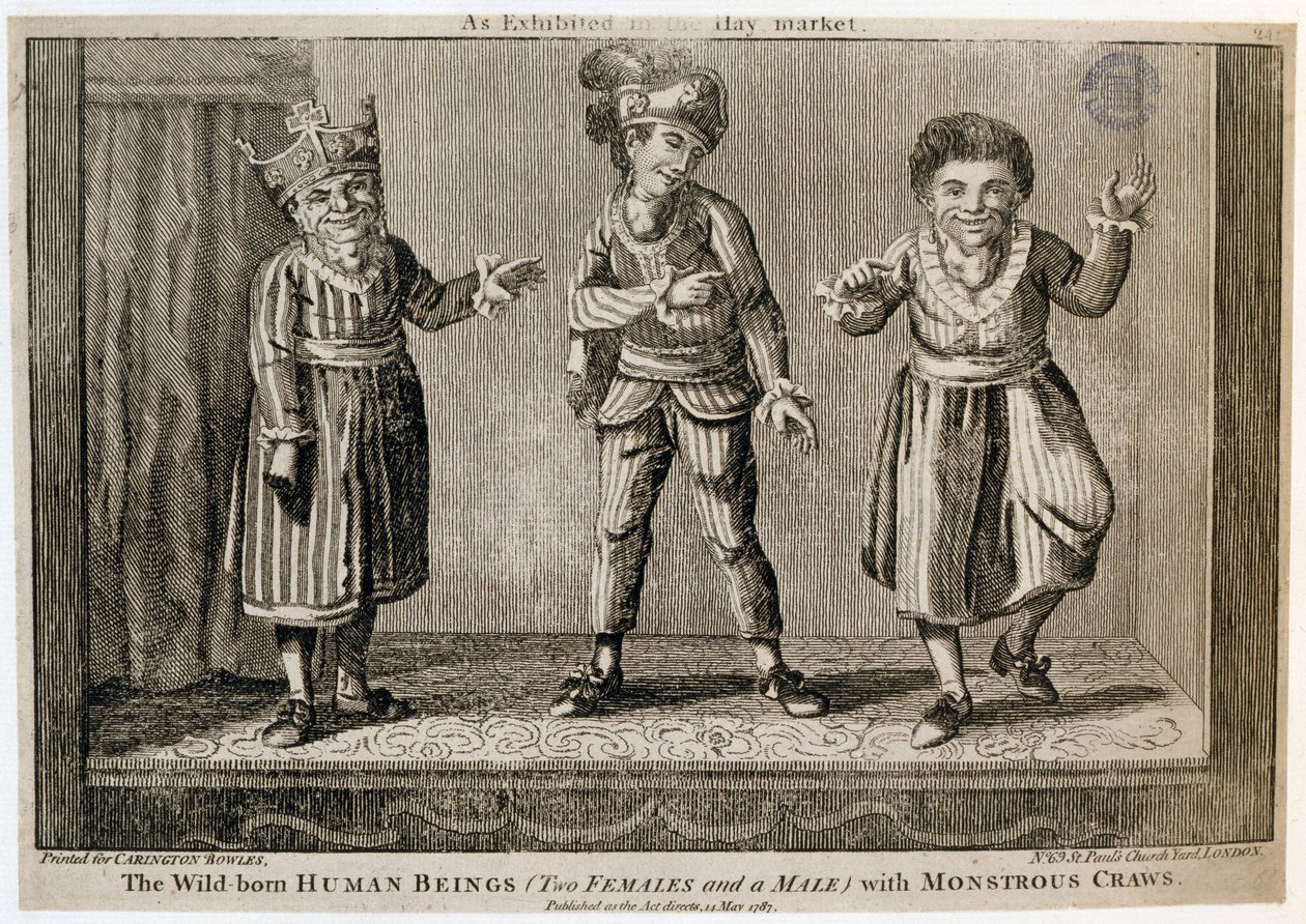 Dziko urodzone istoty ludzkie (dwie kobiety i mężczyzna) z potwornymi raczkami, jak wystawione na Haymarket, wydrukowane dla Carington Bowles, 1787 autorstwa English School