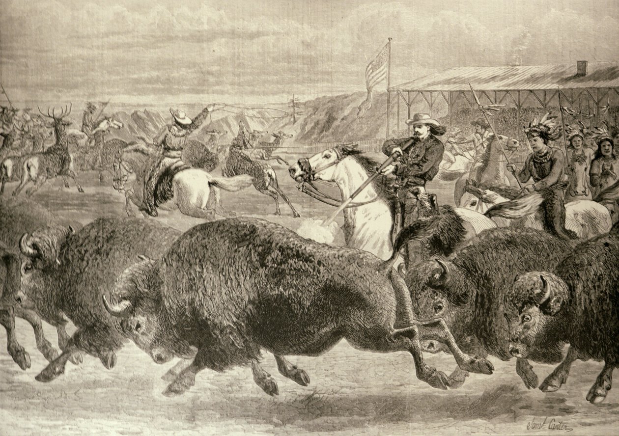 „Dziki Zachód” na Wielkiej Wystawie Amerykańskiej: Polowanie na bizony i jelenie Wapiti, z „The Illustrated London News”, 18 czerwca 1887 autorstwa English School