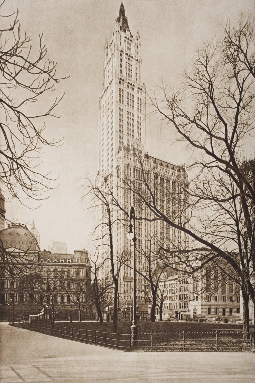 The Woolworth Building, Nowy Jork, ilustracja z „Zarysu historii” H.G. Wellsa, tom II, wydanej w 1920 r. autorstwa English School