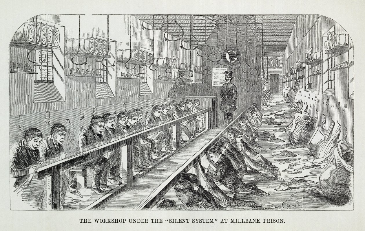 Warsztat pod cichym systemem w więzieniu Millbank, z The Criminal Prisons of London and Scenes of Prison Life autorstwa Henry