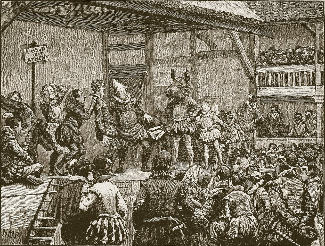Aktorstwo jednej ze sztuk Szekspira w czasach królowej Elżbiety, ilustracja z Ilustrowanej Historii Anglii Cassella (zdjęcie w sepii) autorstwa English School
