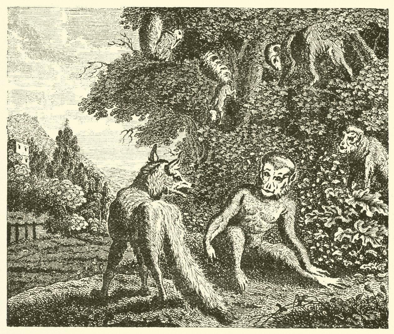 Małpa i lis (rycina) autorstwa English School
