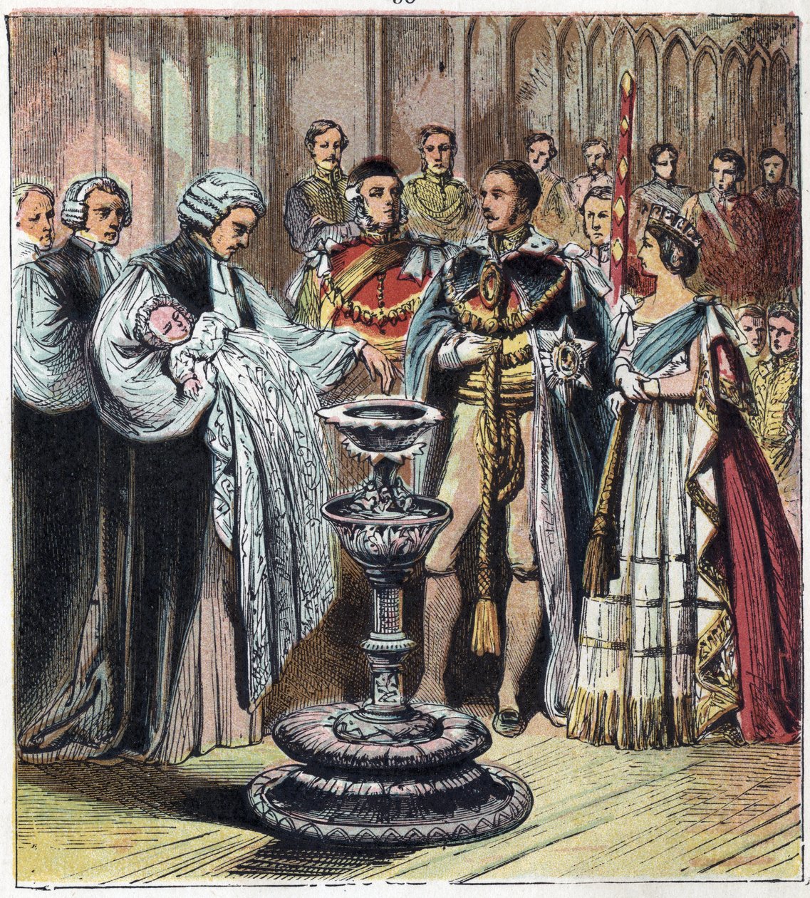 Chrzest księcia Walii, który został królem Edwardem VII (1841-1910), w obecności jego rodziców, królowej Wiktorii I (1819-1901) i księcia Alberta Saksonii Cobourg Gotha (Saksonia-Coburg-Gotha). autorstwa English School